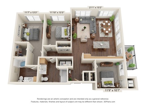 Floor plan for 3 beds, 2 baths, 1385 sqft