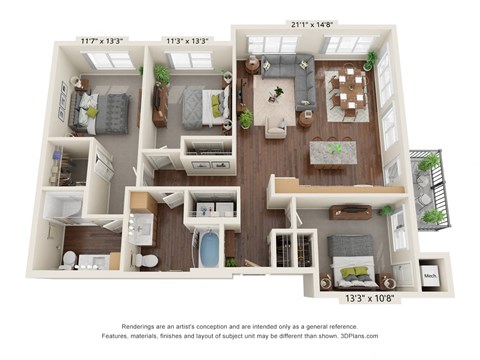 Floor plan for 3 beds, 2 baths, 1385 sqft