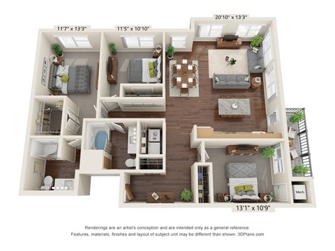 Floor plan for 3 beds, 2 baths, 1385 sqft