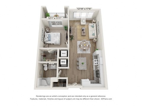 Floor plan for 1 bed, 1 bath, 688 sqft