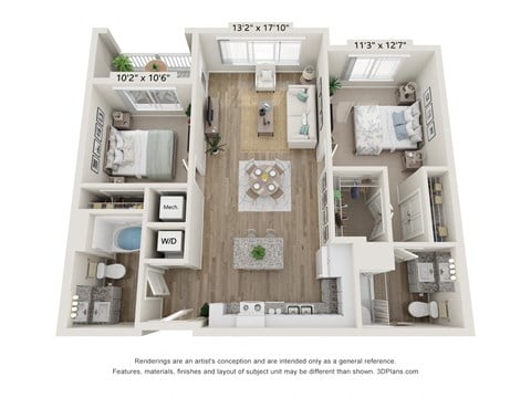 Floor plan for 2 beds, 2 baths, 926 sqft