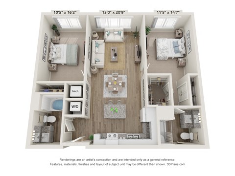 Floor plan for 2 beds, 2 baths, 1012 sqft