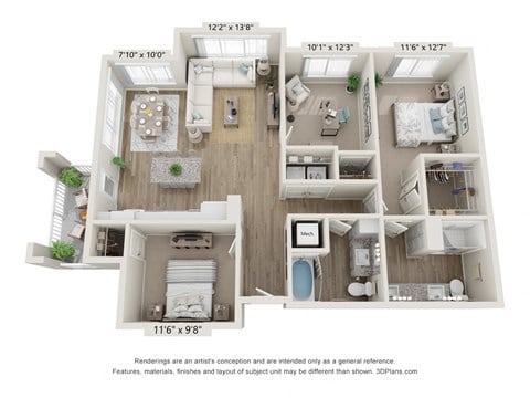 Floor plan for 3 beds, 2 baths, 1286 sqft