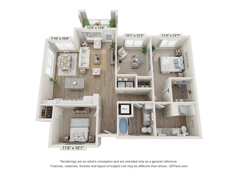 Floor plan for 3 beds, 2 baths, 1286 sqft