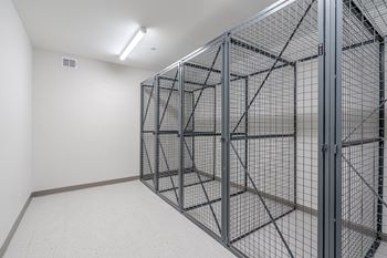 A large metal wire mesh structure in a white room.