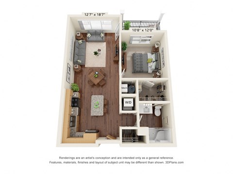 Floor plan for 1 bed, 1 bath, 700 sqft