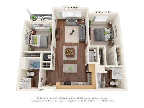 Floor plan for 2 beds, 2 baths, 933 sqft