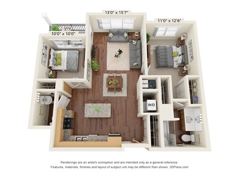 Floor plan for 2 beds, 1.5 baths, 916 sqft