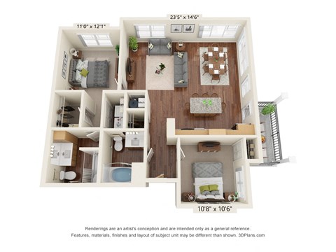 Floor plan for 2 beds, 2 baths, 1036 sqft