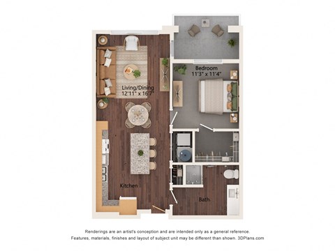 Floor plan for 1 bed, 1 bath, 679 sqft