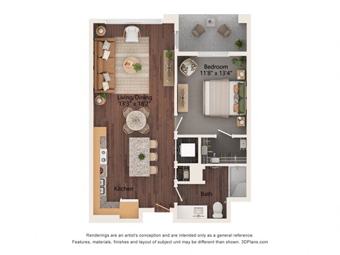 Floor plan for 1 bed, 1 bath, 669 sqft