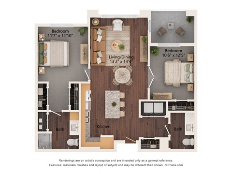 Floor plan for 2 beds, 2 baths, 915 sqft