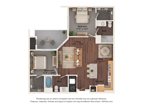 Floor plan for 2 beds, 2 baths, 912 sqft