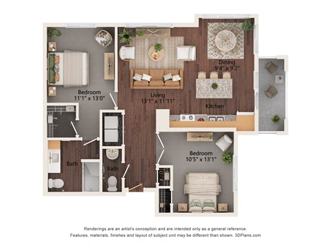 Floor plan for 2 beds, 1.5 baths, 943 sqft