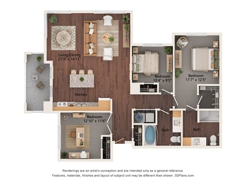 Floor plan for 3 beds, 2 baths, 1238 sqft