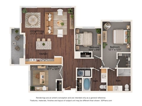 Floor plan for 3 beds, 2 baths, 1189 sqft