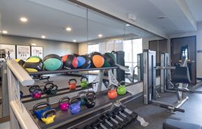 Aurora apartment for rent - A gym with a variety of equipment including kettlebells, dumbbells, and weight plates.
