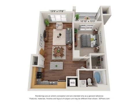 Floor plan for 1 bed, 1 bath, 659 sqft