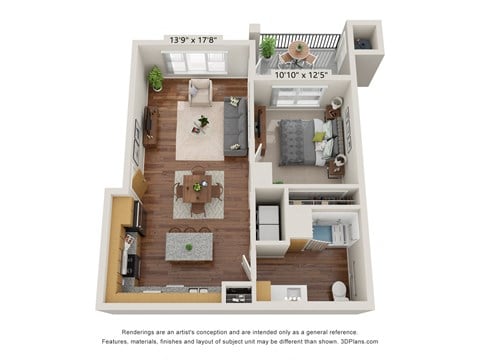 Floor plan for 1 bed, 1 bath, 659 sqft