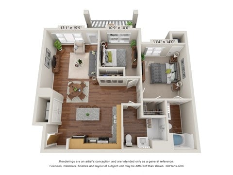 Floor plan for 2 beds, 2 baths, 930 sqft