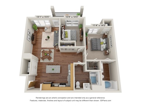 Floor plan for 2 beds, 2 baths, 930 sqft