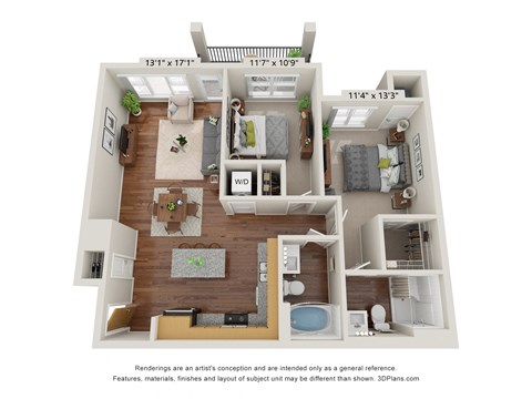 Floor plan for 2 beds, 2 baths, 930 sqft