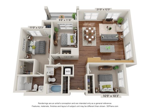 Floor plan for 3 beds, 2 baths, 1144 sqft