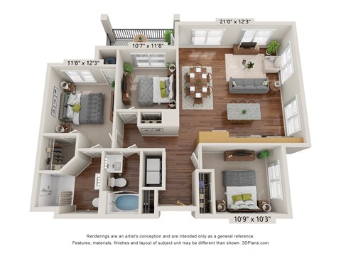 Floor plan for 3 beds, 2 baths, 1144 sqft