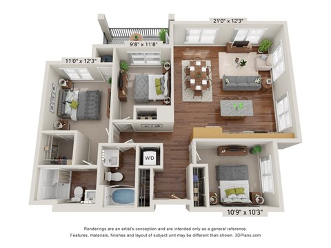 Floor plan for 3 beds, 2 baths, 1144 sqft