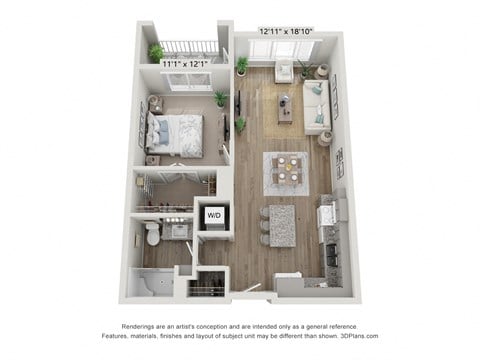 Floor plan for 1 bed, 1 bath, 688 sqft