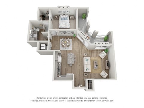 Floor plan for 1 bed, 1 bath, 802 sqft