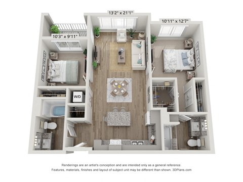 Floor plan for 2 beds, 2 baths, 926 sqft