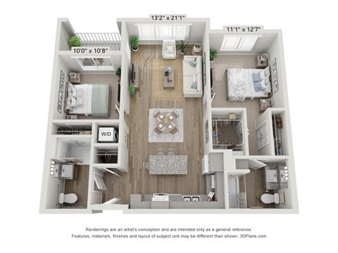 Floor plan for 2 beds, 2 baths, 926 sqft