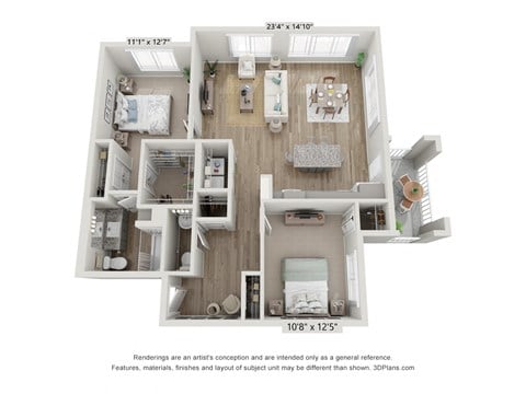 Floor plan for 2 beds, 1.5 baths, 1058 sqft