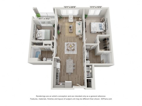 Floor plan for 2 beds, 2 baths, 969 sqft