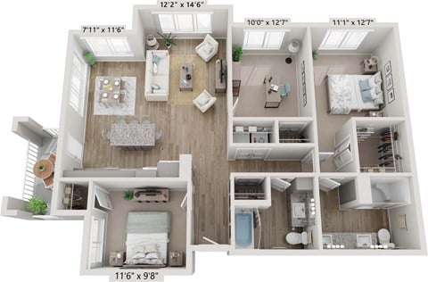 Floor plan for 3 beds, 2 baths, 1286 sqft