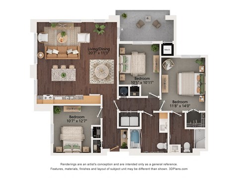 Floor plan for 3 beds, 2 baths, 1160 sqft