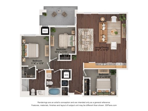 Floor plan for 3 beds, 2 baths, 1160 sqft