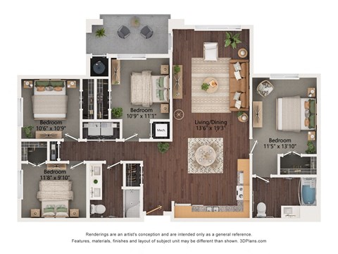 Floor plan for 4 beds, 2 baths, 1330 sqft