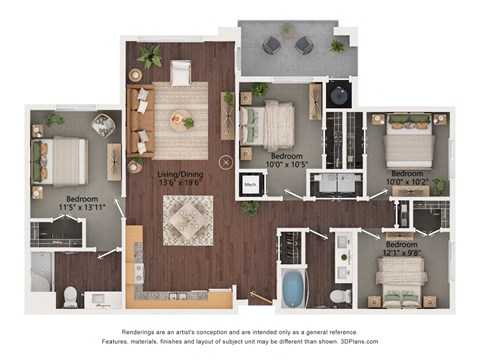 Floor plan for 4 beds, 2 baths, 1330 sqft