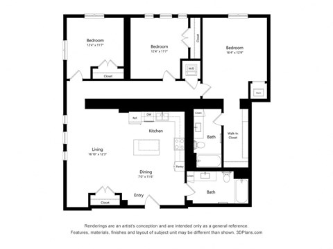 Floor plan for 3 beds, 2 baths, 1637 sqft