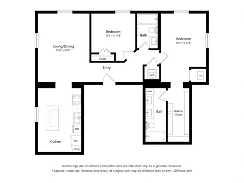 Floor plan for 2 beds, 2 baths, 1119 sqft