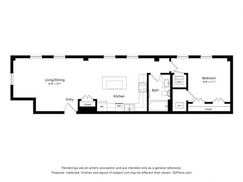 Floor plan for 1 bed, 1 bath, 847 sqft
