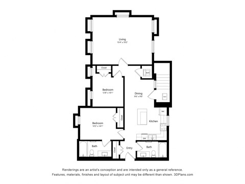 Floor plan for 2 beds, 2 baths, 1353 sqft