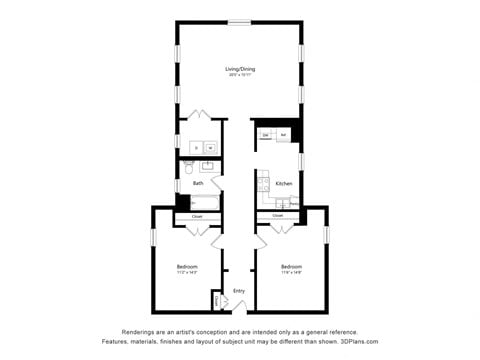 Floor plan for 2 beds, 1 bath, 1355 sqft