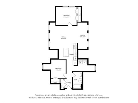 Floor plan for 2 beds, 1 bath, 1025 sqft