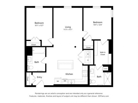 Floor plan for 2 beds, 2 baths, 1131 sqft