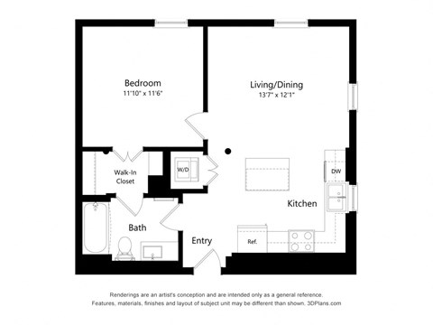Floor plan for 1 bed, 1 bath, 728 sqft