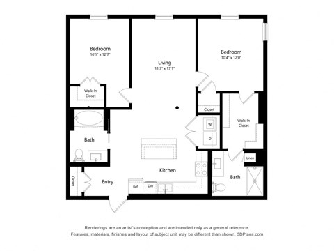 Floor plan for 2 beds, 2 baths, 1143 sqft