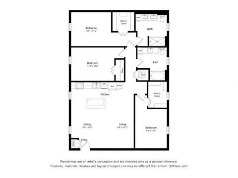 Floor plan for 3 beds, 2 baths, 1487 sqft
